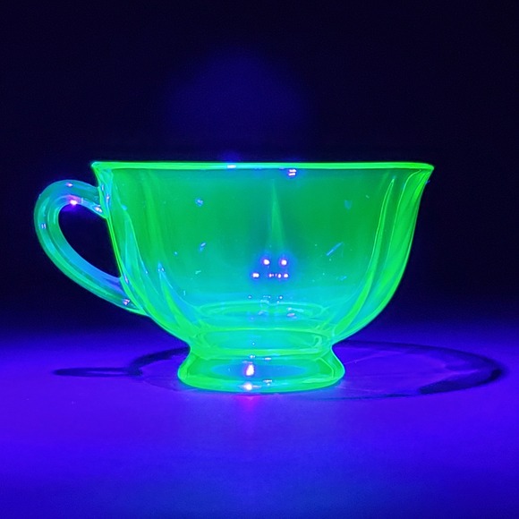 Other - Vintage Green Uranium Glass Teacup Paneled Depression Glass Footed Glows UV